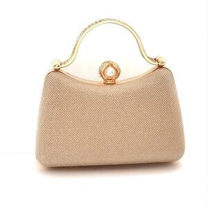 Women's Elegant Rhinestone Pearl Decor Gold Tone Evening Bag